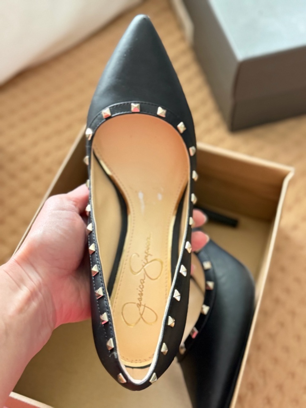 Jessica Simpson Black Pointed-Toe Studded Flats